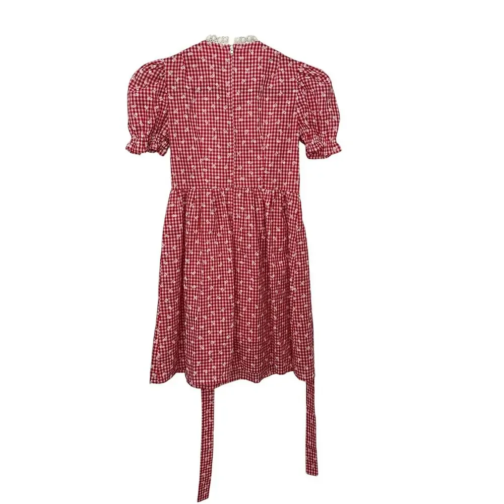 Vintage Girls Handmade Dress 70s Red White Gingham Embroidered‎ Apron Front Tie